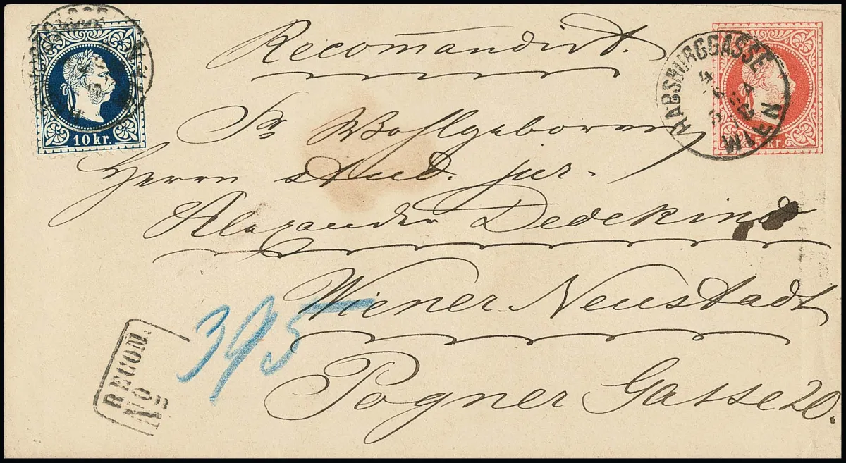 10 Kr. blue, showpiece on postal stationery 5 Kr. red (typical seal trace), with K1 "Wien Habsburggasse" used as registered local letter