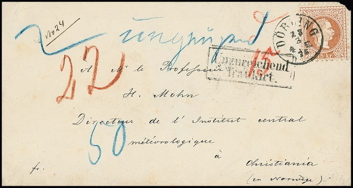 15 Kr. ockerbraun (re. oben öffnungsbedingt "eckrund") einzeln auf Couvert mit K1 "Döbling" 1875 nach Christiania/Norwegen. Der Brief jedoch in der 2.…