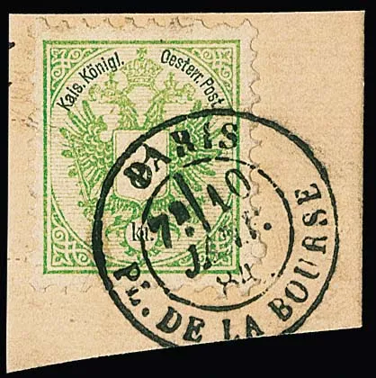 3 Kr. schw./gelbgrün auf Briefstück mit Fremdentwertung durch K2 "Paris Pl. de la Bourse" 1884