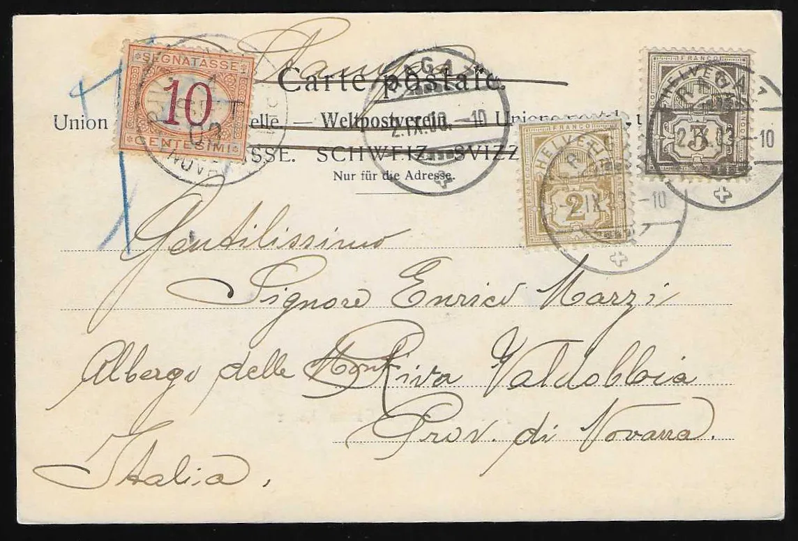 2 and 3 C. on postcard from Ragatz 1903 to Italy with Italian postage due stamp 10 C.