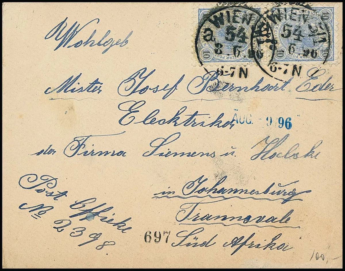 10 Kr. modrá/černá na obálce z Vídně 1896 do Transvaalu/Jižní Afriky (elektrikáři ze Siemens + Halske)