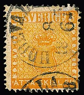 8 Sk. orange, visually good example with K1 "Uddevalla", two short perforations and small edge unevenness. Mi. 700,-