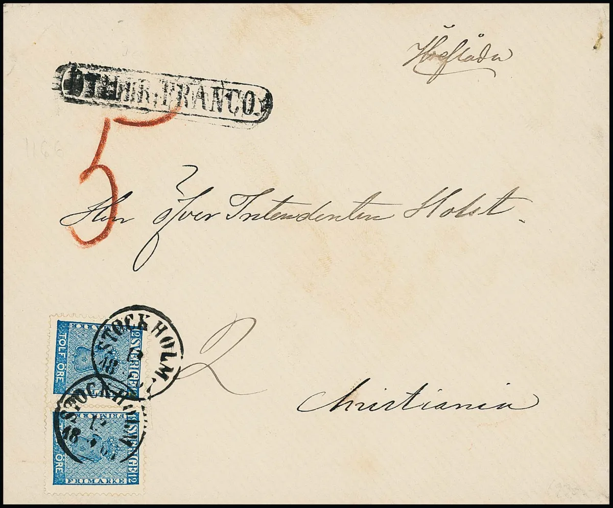 12 Ö. blue in pair on cabinet cover from Stockholm 1867 to Christiania/Norway. Postage was 40 instead of the franked 24 Ö., therefore "5" Sk. postage due collected from recipient