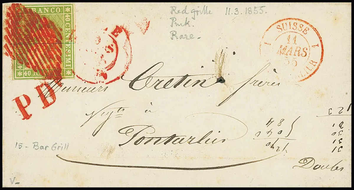 40 Rp. yellow-green, Munich printing, on 1855 letter front with both red lozenge and red side K2 and "P.D.", to Pontalier, ex Gray