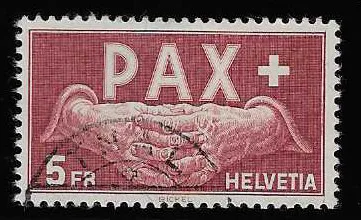 5 Fr. PAX impeccable oblitéré, expertise photo Renggli. Mi. 360,-