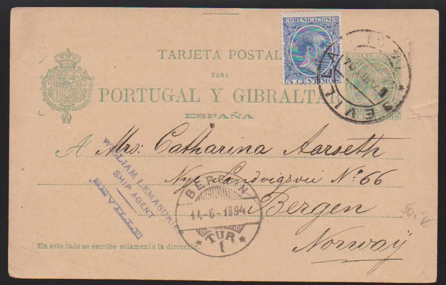 5 C. modrá na celinové kartě 5 C. zelená 1894 ze Sevilly do Bergen/Norsko