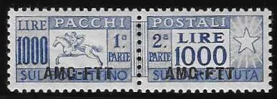 Zone A, parcel stamps 1954, 1000 L. with overprint in mint pair, certificate Biondi. Mi. 250,-