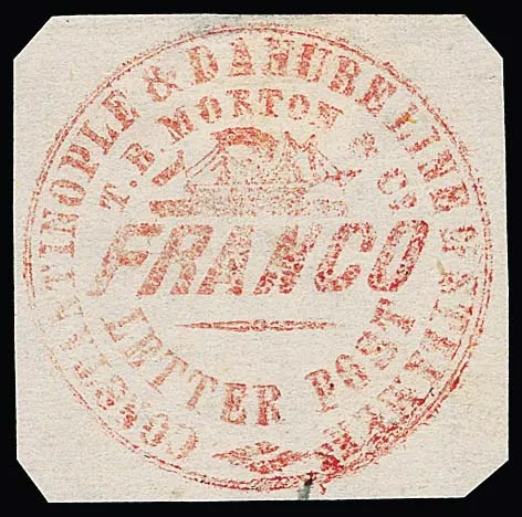 Marton & Co., 1869, Schiffspostmarken, runder Handstempel auf farbigem/weißem Papier: 1/2 Pia. blau/weiß (für Burgha, Kustendje und Varna), 1/2 Pia.…