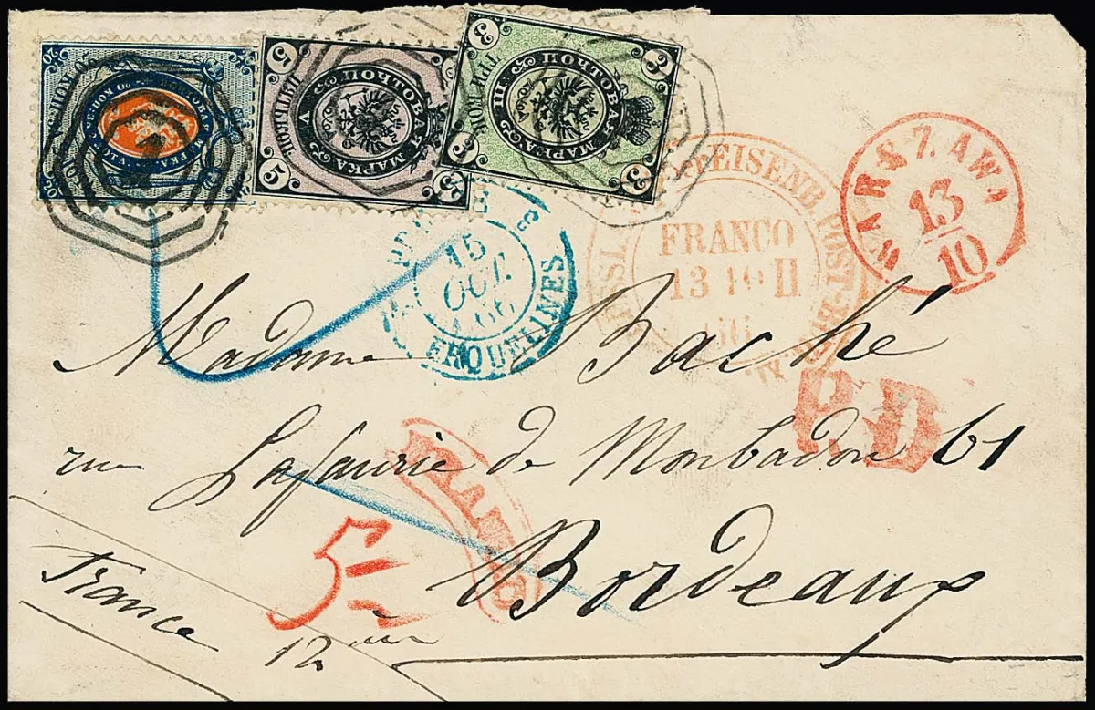 3 Kop. černo/zelená, 5 Kop. černo/purpurová a 20 Kop. modro/oranžová na dámské obálce s NS "1" a červeným K1 z Varšavy 1866 do Bordeaux