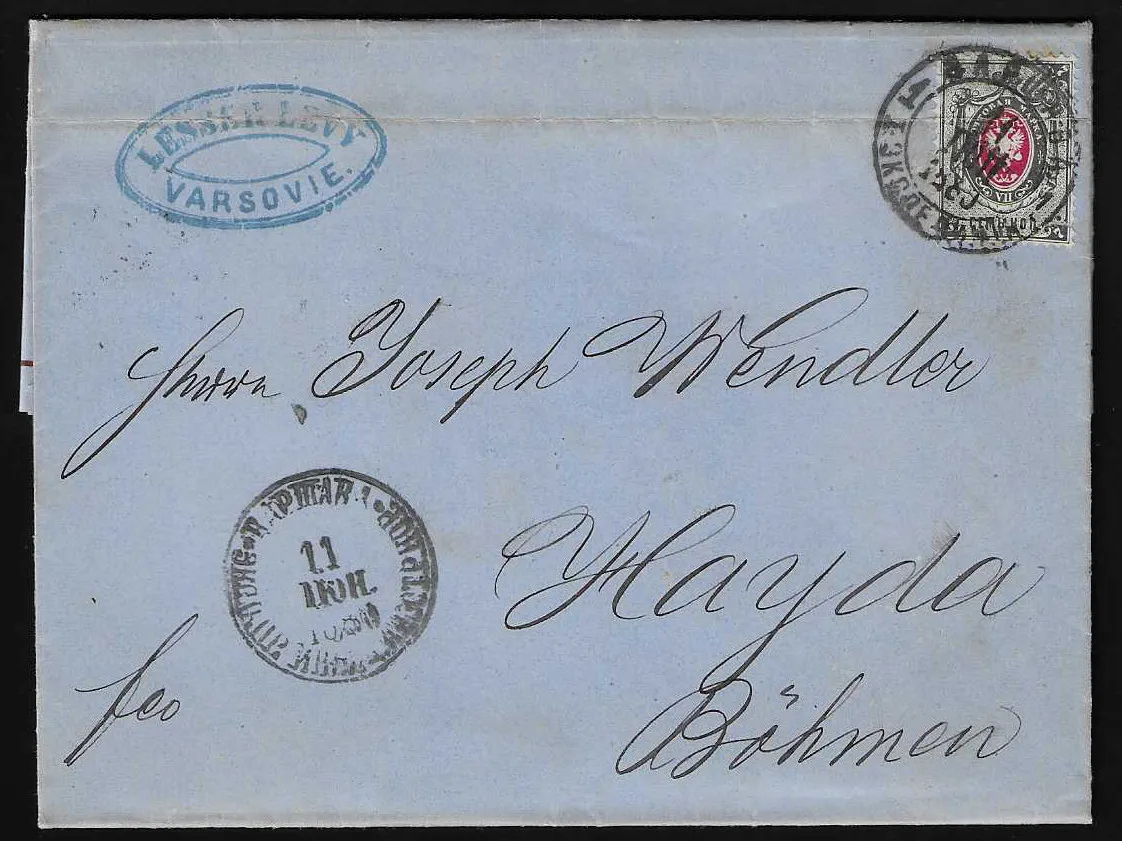 7 K. each as single franking (one with hinge trace) on two covers from Warsaw 1880 to Bohemia