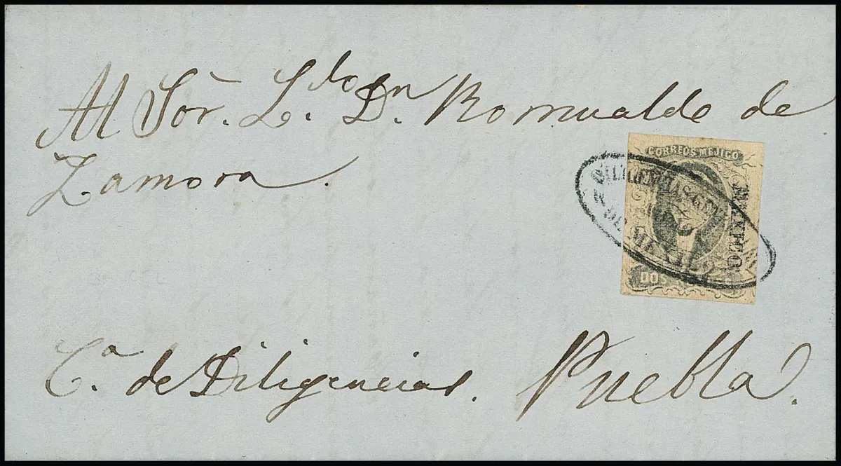 2 R. schw./rosa, sehr breitrandig, mit Aufdruck "Mexico" auf Postkutschenbrief von Mexico-City nach Puebla (undatiert), entwertet mit Ovalstempel der…