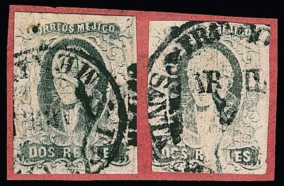 2 R. schw./rosa, zwei gut gerandete Exemplare je mit markantem Plattenfehler "Plattenbruch vom Unterrand bis in den Hidalgokopf" von Bogenfeld 189