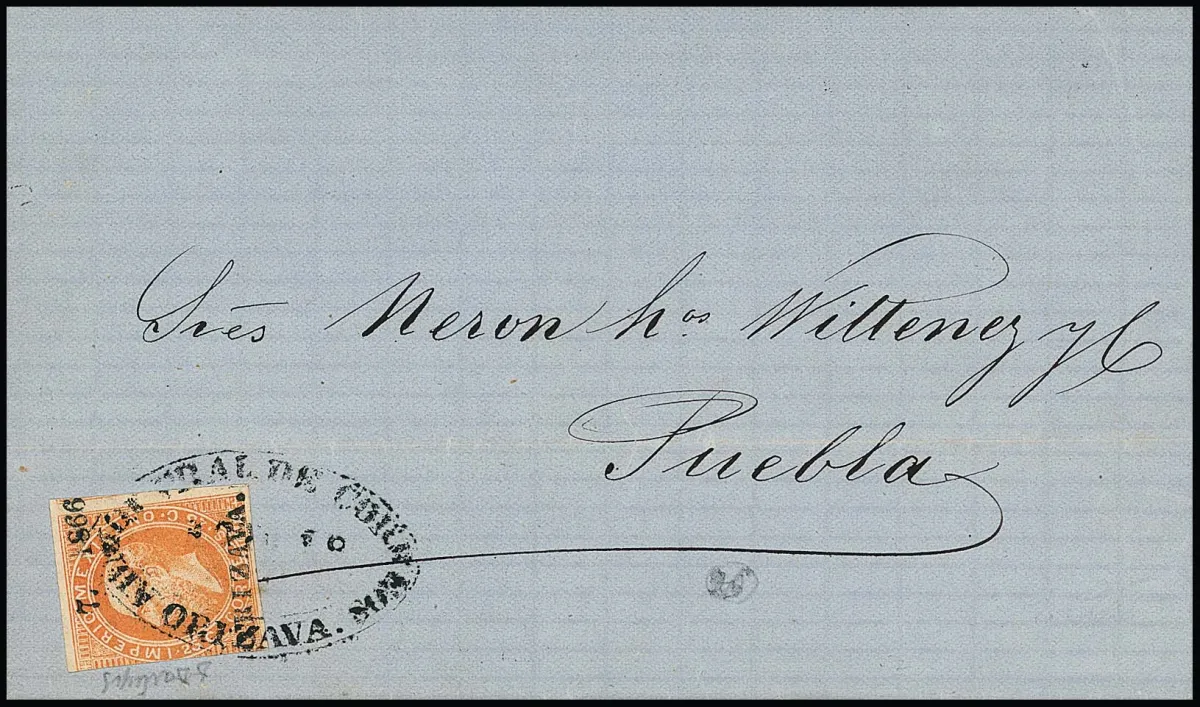 25 C. donkeroranje met opdruk "Orizava" en "7-1866" op brief naar Puebla (18 aug. 1866), zegel links aangesneden, verder brede marges, schone frankering…