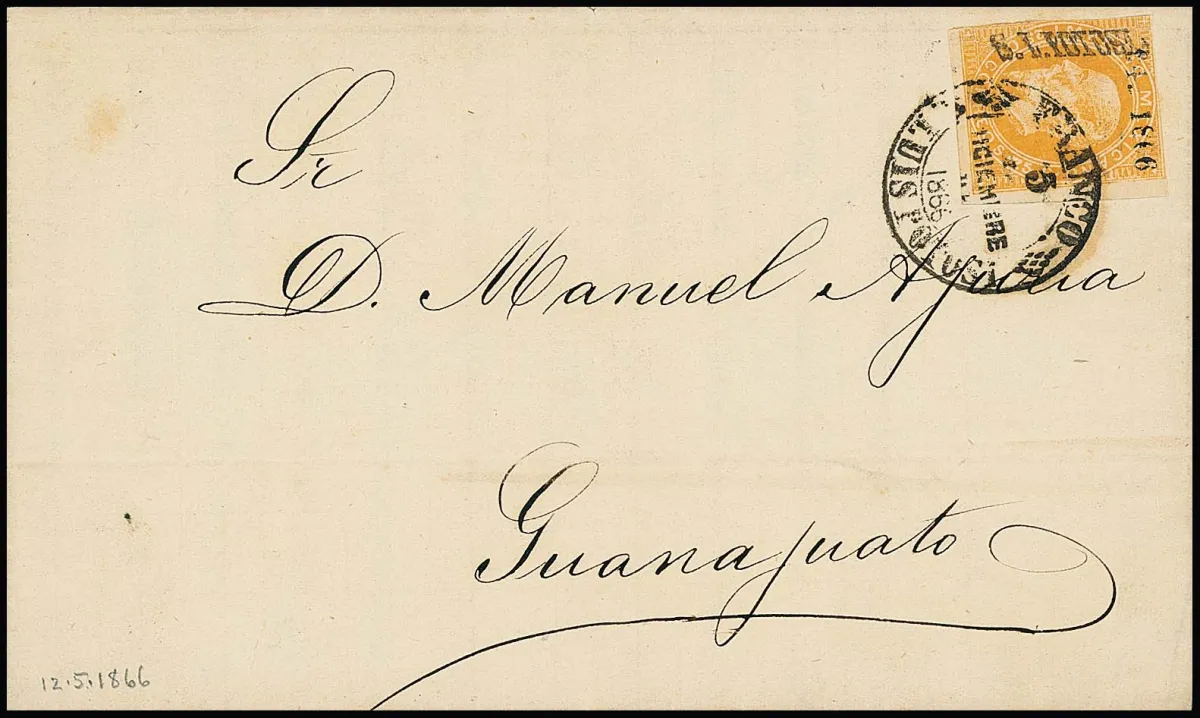 25 C. orange (sheet margin) with overprint "S.L. Potosi" and "94-1866" on letter to Guanajuato (Dec 5, 1866)