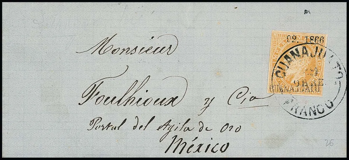 25 C. orange avec surcharge "Guanajuato" et "92-1866" sur petite lettre de cabinet décorative, certificat photo Behr