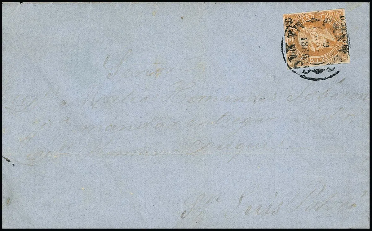 25 C. orange with overprint "Mexico" and "66-1866" on superb letter to San Luis Potosi (undated)