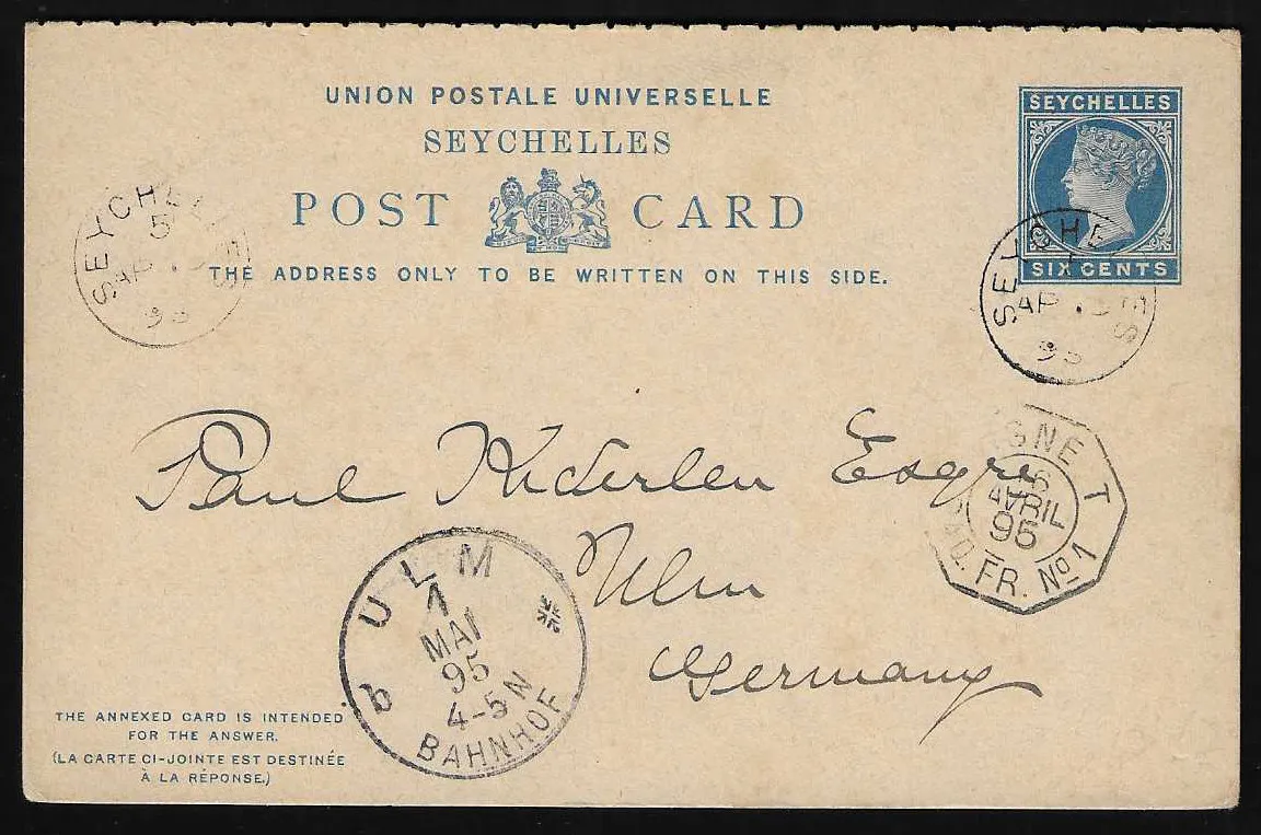 Seychelles, 1896, carte double entière 6 C. Victoria pour Ulm/Wurtemberg