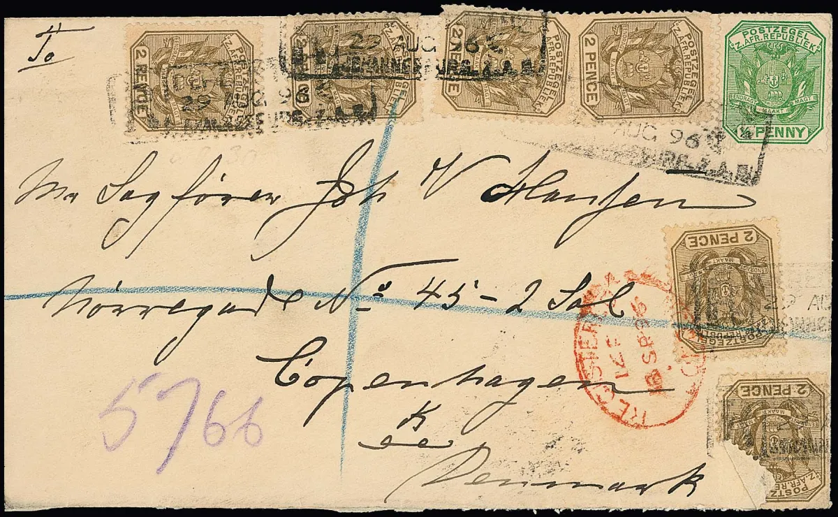 Transvaal, 1896, 1/2 P. green and six times 2 P. olive-brown on registered cover from Johannisburg to Denmark, plus letter with 1 and 2 1/2 P. 1898 to USA…