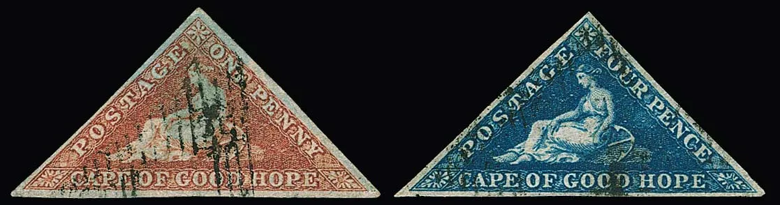 1 P. medium brownish-red, lightly blued paper, and 4 P. blue, white paper, each used superb items, Mi. 325,-