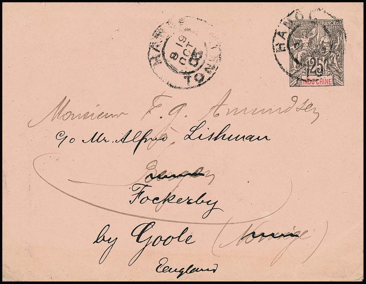 Indo-Chine, 1903, entier postal Allégorie 25 C. de Hanoï via Saïgon vers Bergen/Norvège, puis réadressé en Angleterre