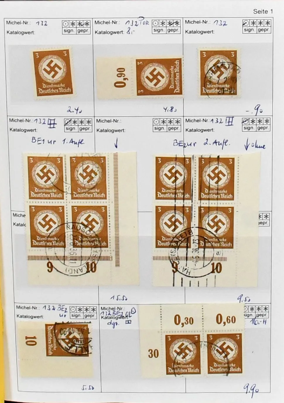 Dienst, only the Parteidienst issue no. 132-143, highly specialized collection part with 19 used HAN alone, mostly within blocks of four, but also no. 136 as bottom sheet corner with complete bottom margin strip "1" to "10" with HAN and additionally DZ (probably unique!) on letter fragment, 24 used sheet corner blocks of four, 15 further used corners, including rare DZ, good stamps such as no. 135Y mint, in used pair and loose. Rare offer, where