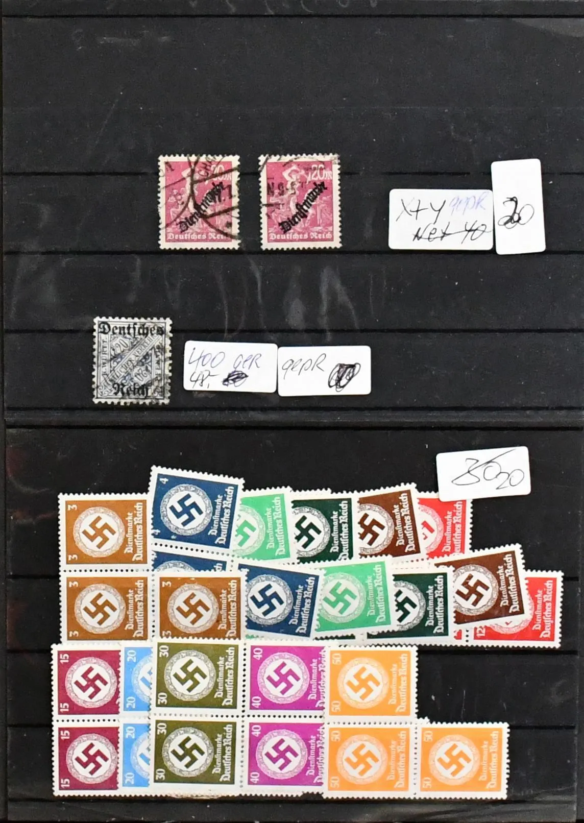 German Reich Dienst, compilation of only high-quality items incl. luxury item no. 60Y used, expertised (Mi. 400,-), 75X/Y used, expertised (200,-), no. 96 in used, expertised pair (200,-), 108 and 110 in POR pair (240,-), 119Y twice used, expertised (200,-), 132-43 three times mint (150,-), as well as no. 155-77 used, but unexpertised, the majority looks like genuinely used postage (Mi. approx. 1000,-, conservatively valued)