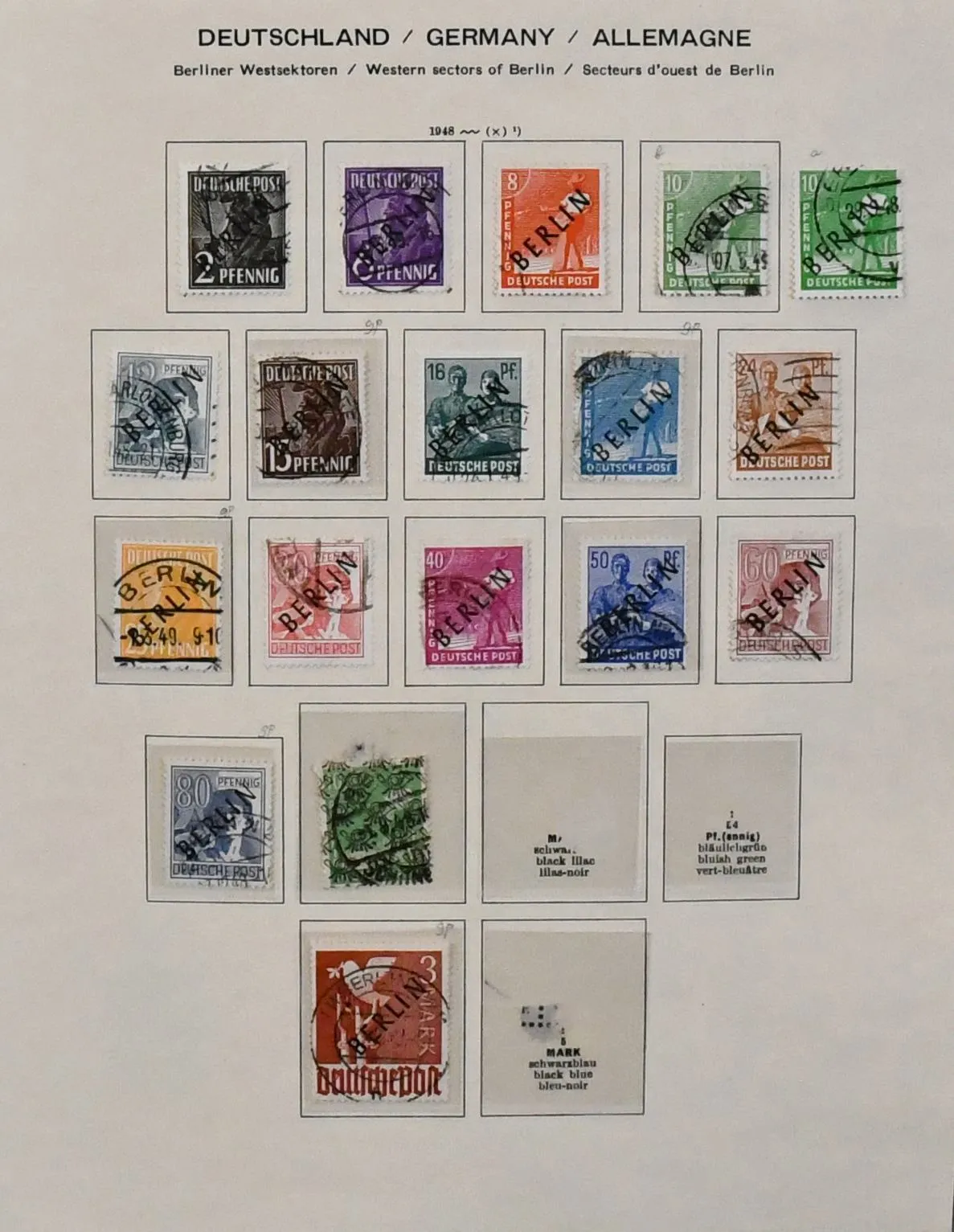 Берлин, 1948/1990, аккуратная, до 1955 преимущественно гашёная коллекция, с № 1/15 гаш., лучшие проверены Schlegel BPP, № 35/41 гаш., с 1950-1990 полная, вкл. № 72/79 негаш., 80/87 гаш. и т.д., с 1955-1990 всё негаш. полное, длительные серии дополнительно частично специализированы с некоторыми краевыми экземплярами, рулонными марками и т.д., в альбоме. Mi. 4500,-