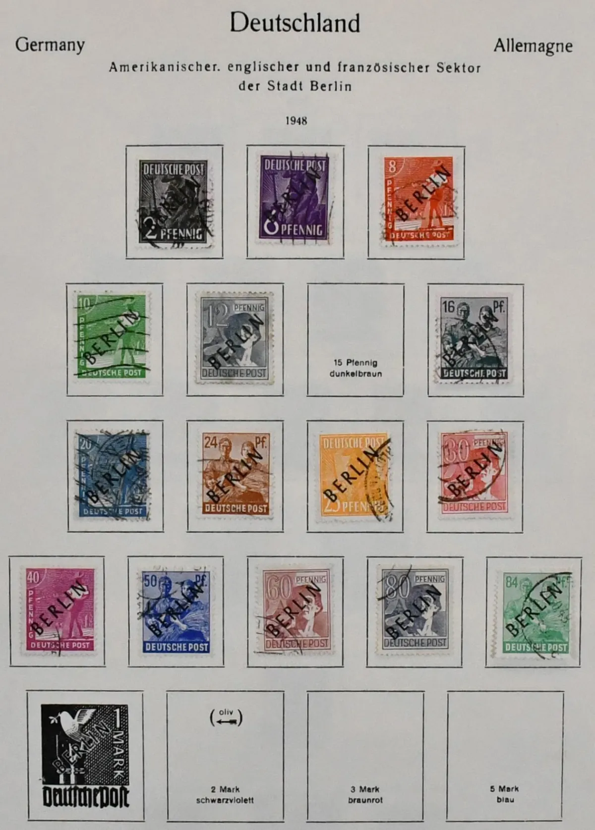 Berlin, 1948/1990, used collection, starting with various black overprint values up to 84 Pfg., on KABE pre-printed pages. Including red overprint set, no. 35/41,…
