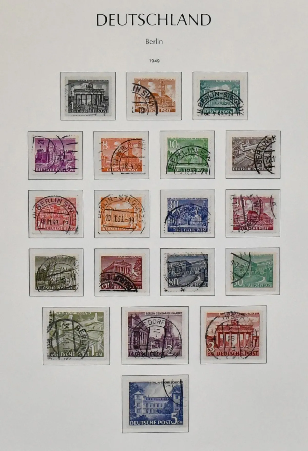 Берлин, 1949/1990, коллекция с круглым штемпелем с № 35/41, 61/63, годы 1950/1990 полн., включая все C/D-номиналы, а также SWK в горизонтальных парах, в новом альбоме Leuchtturm. Mi. 3500,-