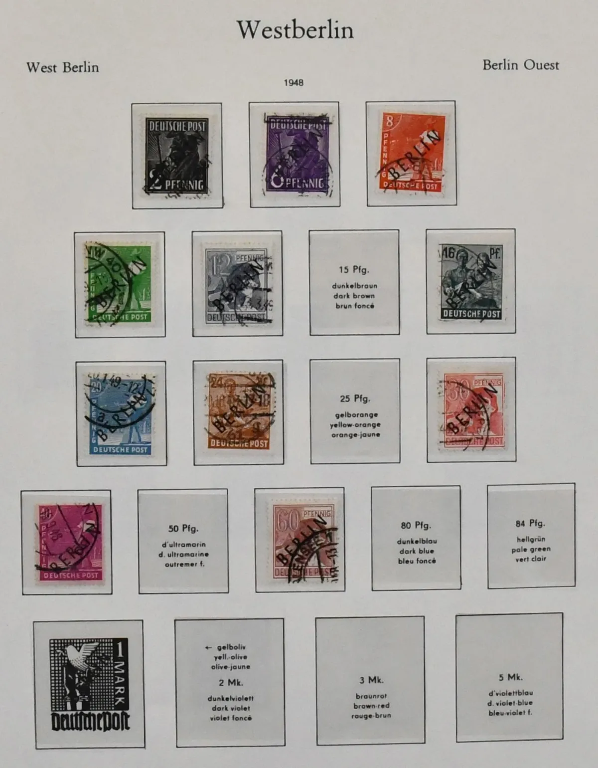 Berlin, 1948-1990, used collection in pre-printed album with some beginnings, including black and red overprint values, UPU no. 35/41, 71, 75/79, 82/86, 101/5, from 1954 almost complete. Mi. approx. 2500,-