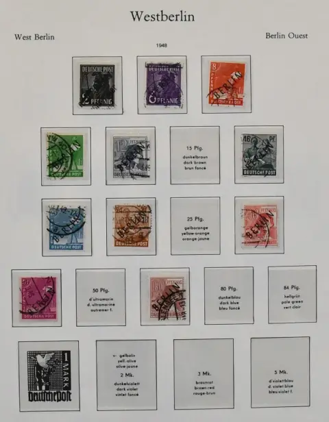 Berlin, 1948-1990, used collection in pre-printed album with some beginnings, including black and red overprint values, UPU no. 35/41, 71, 75/79, 82/86, 101/5, from 1954 almost complete. Mi. approx. 2500,-