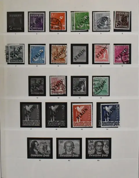 Berlin, 1948/1990, mint and used collection from the overprint values in the Sieger pre-printed album. Including among others no. 19/20, 35/37, Bells I and III each mint, Bells II…