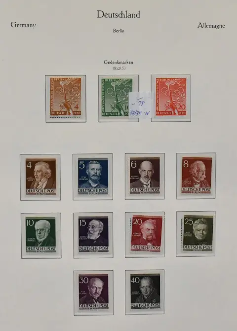 Берлин, 1952/1990, послегаш. полная коллекция, включая № 88/100, 101/105, 112/13, все номиналы C/D и т.д., в почти новом альбоме KABE с формулярами. Mi. около 1900,- + альбом