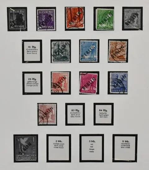 Берлин, 1948-1980, гашёная коллекция в альбоме Vordruck, включая надпечатки, № 62/63, 71, с ок. 1956 в значительной степени полная, плюс несколько документов Postkrieg с разл. лаками и зачернениями