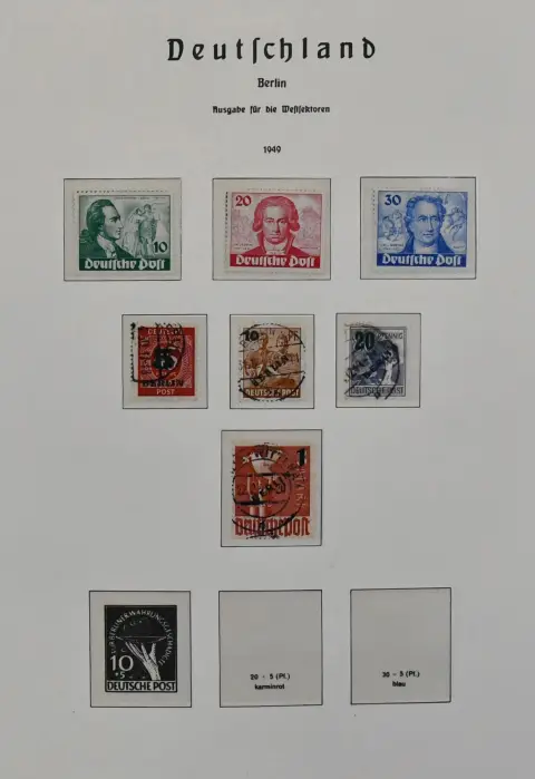 Берлин, 1948-1990, почти полная коллекция в альбоме Leuchtturm, вначале смешанная с лучшими, включая SA/RA, № 41 гаш., 61/63, с 1952 почти полная,…
