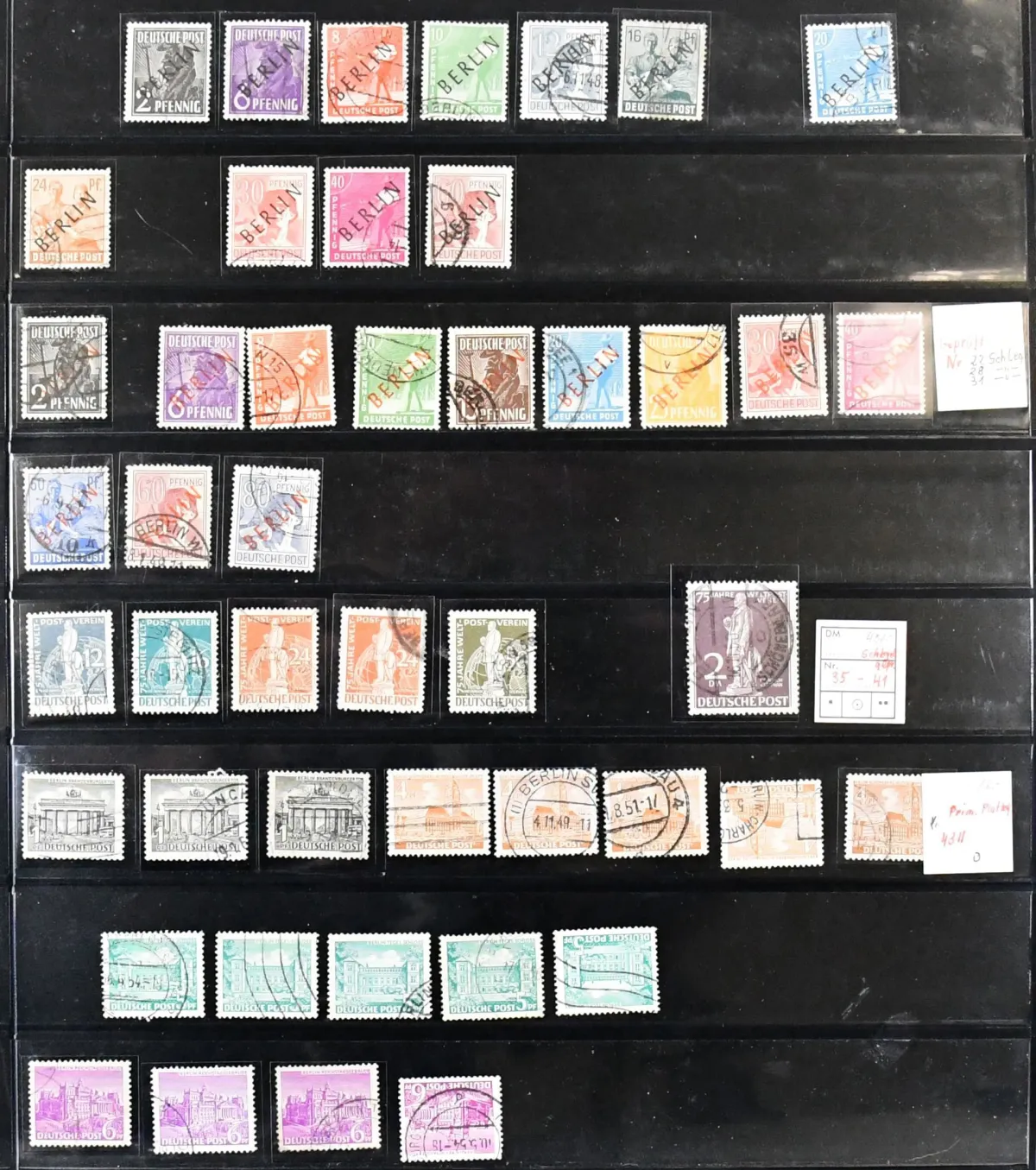 Berlin, 1948/1990, used collection from the overprint values, including among others no. 20/32, 41 certified Schlegel, ERP, Bells III twice complete etc., from 1954-1990 almost complete,…