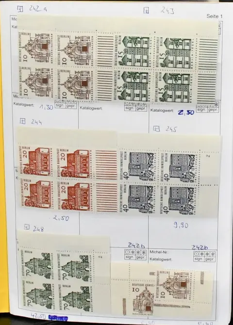 Берлин, 1964-72, подборка непогашенных особенностей серийных выпусков, включая горизонт. пары, квартблоки (в т.ч. малые архитектурные, часть с угловым полем и номером), рулонные марки (в т.ч. № 286-90 R5, часть сдвоенные), сцепки, включая хорошую часть Бранденбургские ворота, большие архитектурные в листах и т.д.