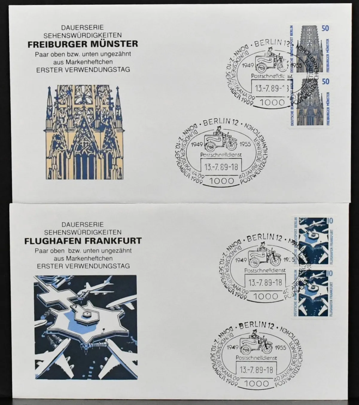 Berlin, landmarks, all se-tenant W83/98, all five C/D pairs and H sheets 22/23 each on decorative FDCs. Mi. loose cancelled already 1000,-