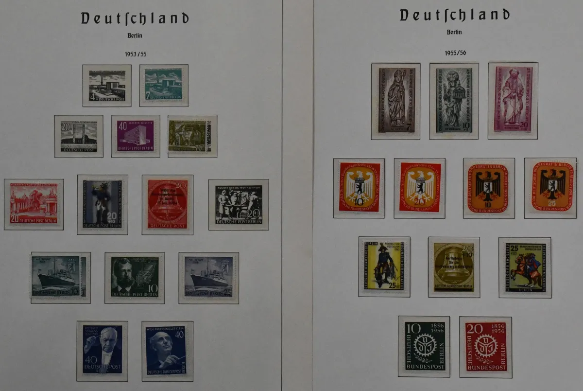 Berlin, 1948/1987, kolekcja czyste z nr 71, 80/81, 121/23 itd., od 1955-1987 kompletna, w albumie przedrukowym Leuchtturm z pełnym tekstem przedrukowym do 1983. Mi. 1350,-