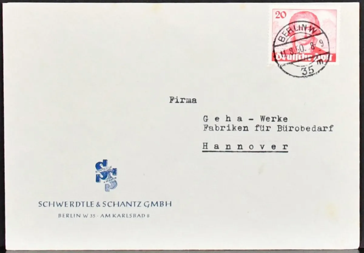 Berlijn, klein partij documenten uit de jaren 50, waaronder ERP nr. 71 op buitenlandse kaart met SST van Brussel, Goethe nr. 62 in drie elk EF, nr. 74 (Lortzing) EF op SST-document