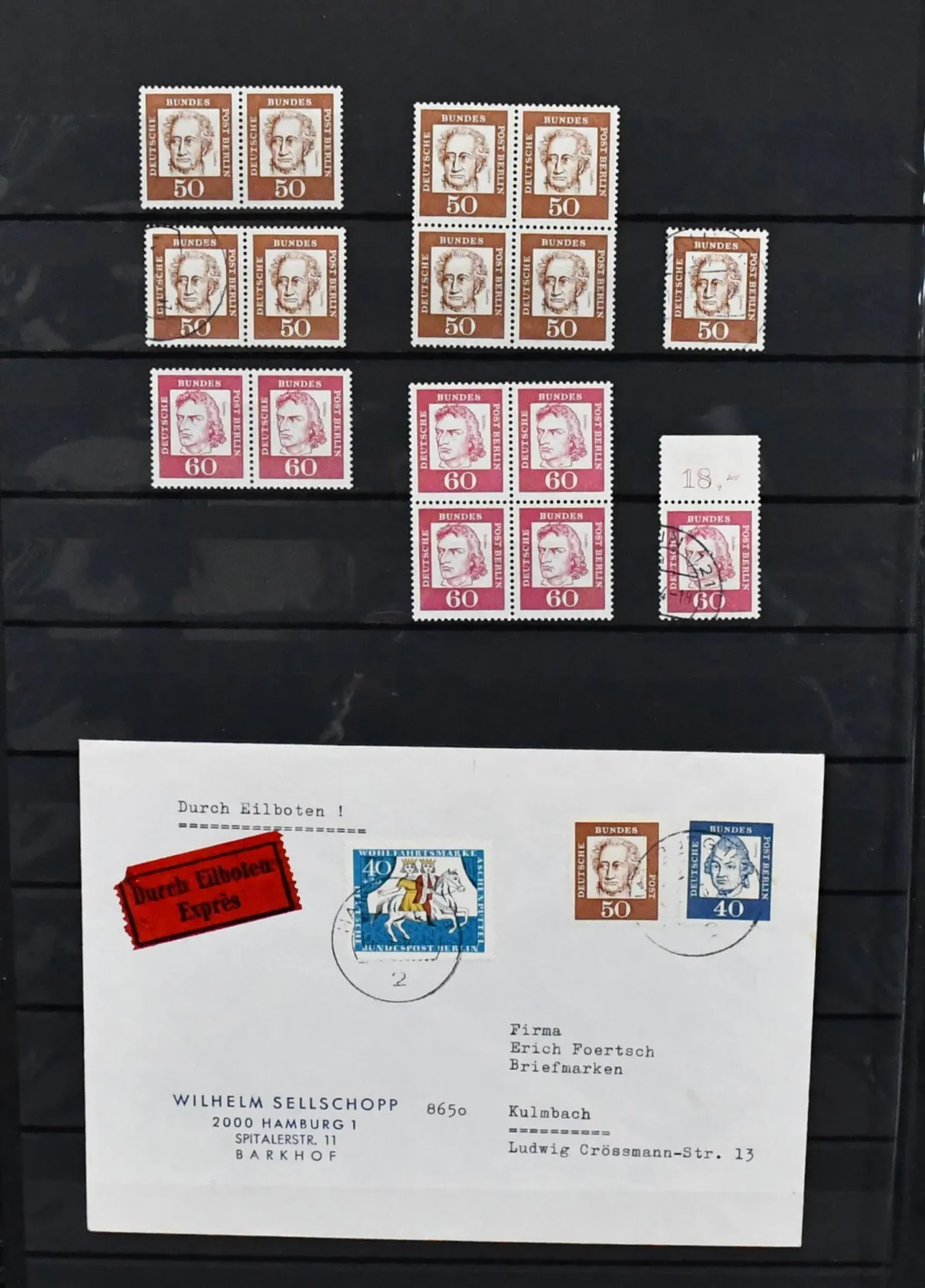 Bund/Berlin, 1961, Spezialslg. der Ausgabe "Bedeutende Deutsche", dabei postfr. u. gest. waagerechte Einheiten, Bogenränder, Kehrdrucke, Ersttagsbriefe, gute…