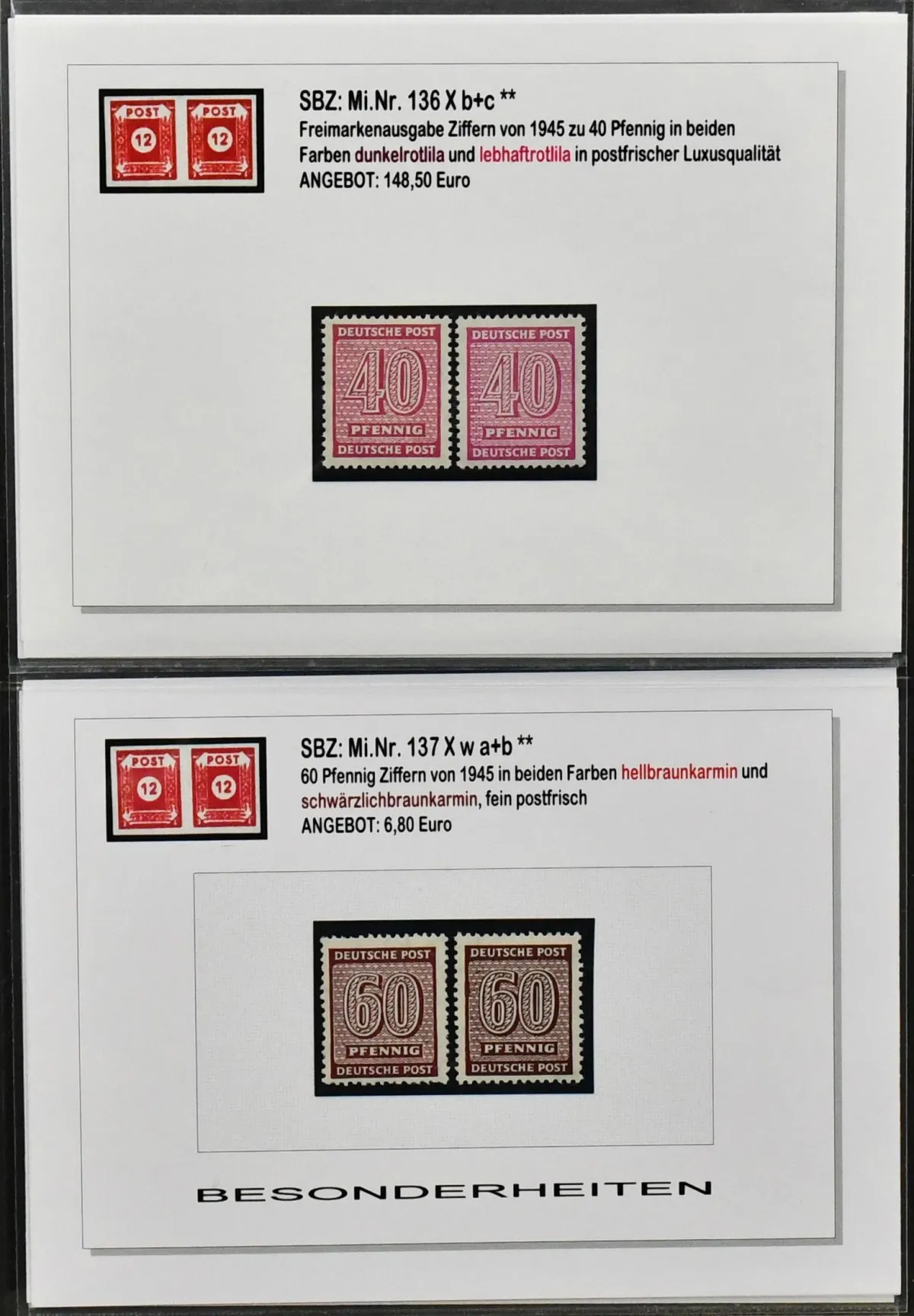 SBZ, West Saxony, Mi. no. 120-137, highly specialized collection in ring binder, with exclusively better issues, all carefully described, among others no. 136Xb/c mint, 126Yb mint (3), Yc(4), Yd(4), 126wbY two mint blocks of six and one block of nine, each certificate Ströh (alone Mi. 4200,-), 135Ya/b each VB, 136Xwb/c mint etc. Mi. approx. 9000,-