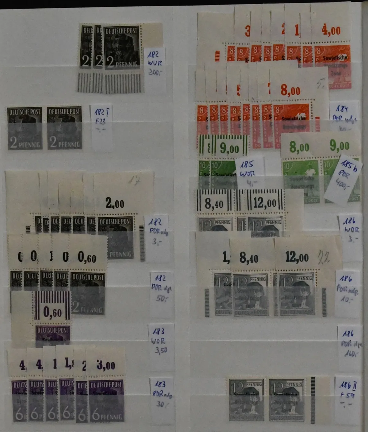 SBZ, machinale opdruk, nr. 182/197, partij met alleen bijzonderheden, schoon postfris, met veel bovenranden, o.a. nr. 187PORdgz (Mi. 150,-), 193PORdgz per twee (280,-), 197PORdgz per twee (160,-), verder nr. 182 met PF I en 186 met PF II (Mi. elk "-.-") enz. Mi. totaal 6200,- + "-.-"