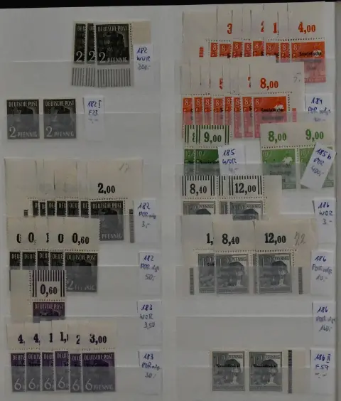 SBZ, nadruk maszynowy, nr 182/197, partia tylko ze specjalnościami, czysto postfrisowana, z wieloma górnymi marginesami, m.in. nr 187PORdgz (Mi. 150,-), 193PORdgz po dwa (280,-), 197PORdgz po dwa (160,-), ponadto nr 182 z PF I i 186 z PF II (Mi. każdy "-.-") itd. Mi. łącznie 6200,- + "-.-"