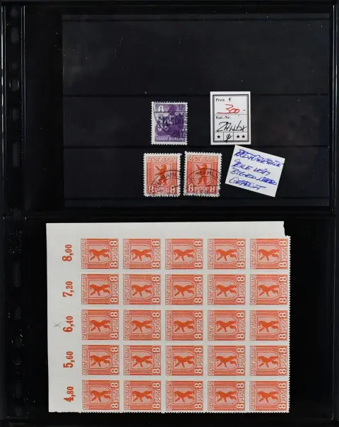 SBZ, Berlin bear and MVP, largely expertised compilation incl. used no. 2Awbx (Mi. 300,-), 3B twice used and in 25 corner margin block mint (670,-), 15b used (170,-), 20-22 used (240,-) and 33yd