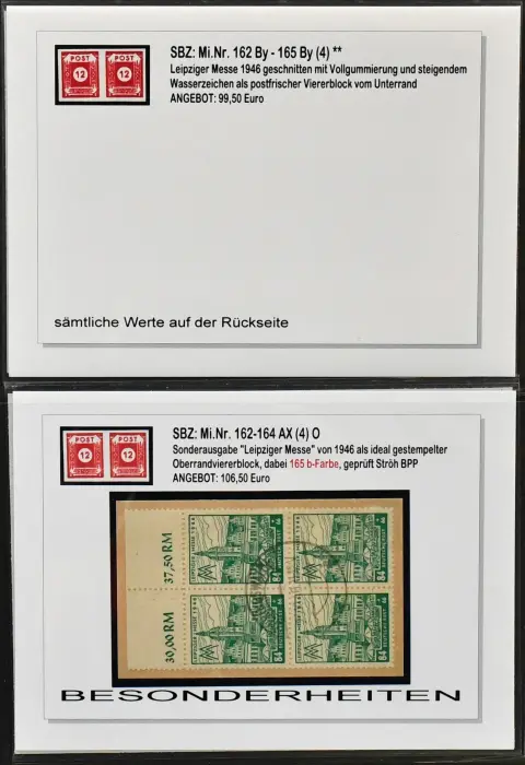 SBZ, West Saxony, only series "Leipziger Messe", Mi. no. 162-165, highly specialised collection in ring binder, with exclusively better issues, all carefully described, incl. no. 162-65By in mint VB, 162-64Ax (incl. 165b) in used OR VB, expertised Ströh, Bl. 5X/Y mint etc. Mi. approx. 2200,-