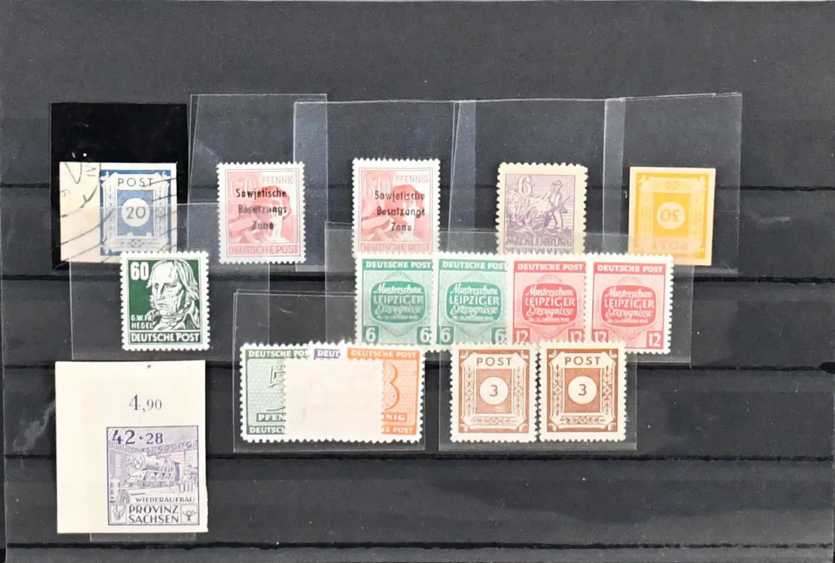 SBZ, lot with almost exclusively mint never hinged special features, including MVP no. 33ye, certified Kramp, 54I (left margin piece used, Mi. 450,-), no. 55G rubber printing, East Saxony no. 56a, b, Saxony no. 89BII, certified, 120/23x, 124/25x/y, 195a in two, certified, Bl. 6 etc.