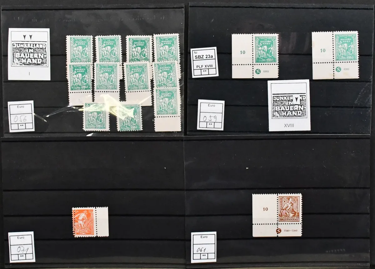 MVP, no. 23/25, mint never hinged compilation, including among others 11 times the distinctive plate flaw no. 23I (Mi. 990,-), twice no. 23XVIII from the sheet corner with DZ (Mi. 240,-), no. 24DZ (120,-) and a perforated no. 25