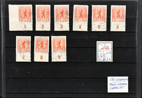 СБЗ, Берлинский медведь, № 3B, 8 пф. перфорированные, девять гаш. нижних краевых экземпляров ("Berlin Mahlstorf"), Mi. 1170,-