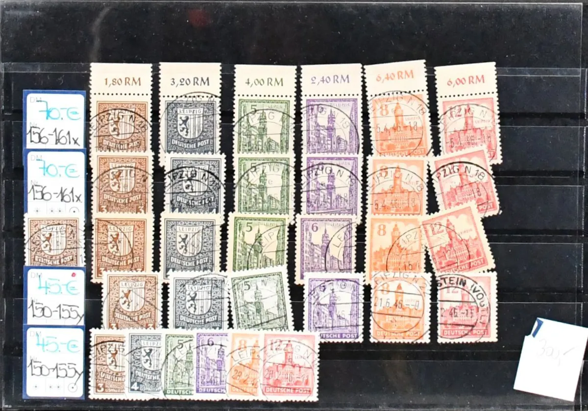 SBZ, West Saxony no. 150/61, used specialized compilation with several plate flaws, four times no. 150/55Y (Mi. 180,-), eight times no. 156/61…